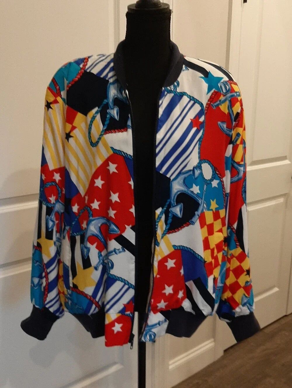 FSTOP Nautical Print Bomber Jacket Large Zip Front Retro Anchor Rope Lined